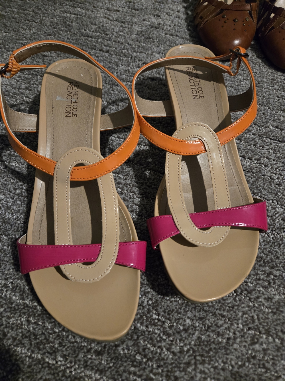 Kenneth Cole Reaction Two-Tone Pink and Orange T-Strap Sandals